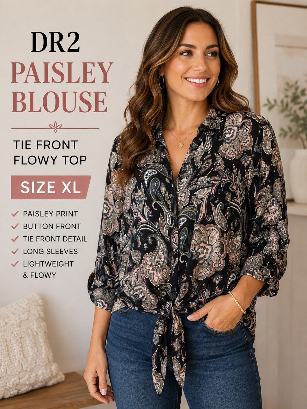 DR2 Paisley Boho Tie Front Blouse XL Black Pink Flowy Top